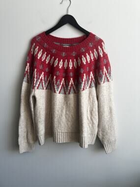 Lucky Brand Fair Isle Nordic Coral/Tan Cozy Winter Sweater XL Boho